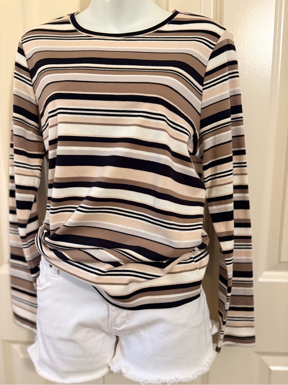 Studio Works Striped Long-Sleeve Crewneck Top in Beige, Black, and Cream, size M - Picture 1 of 5